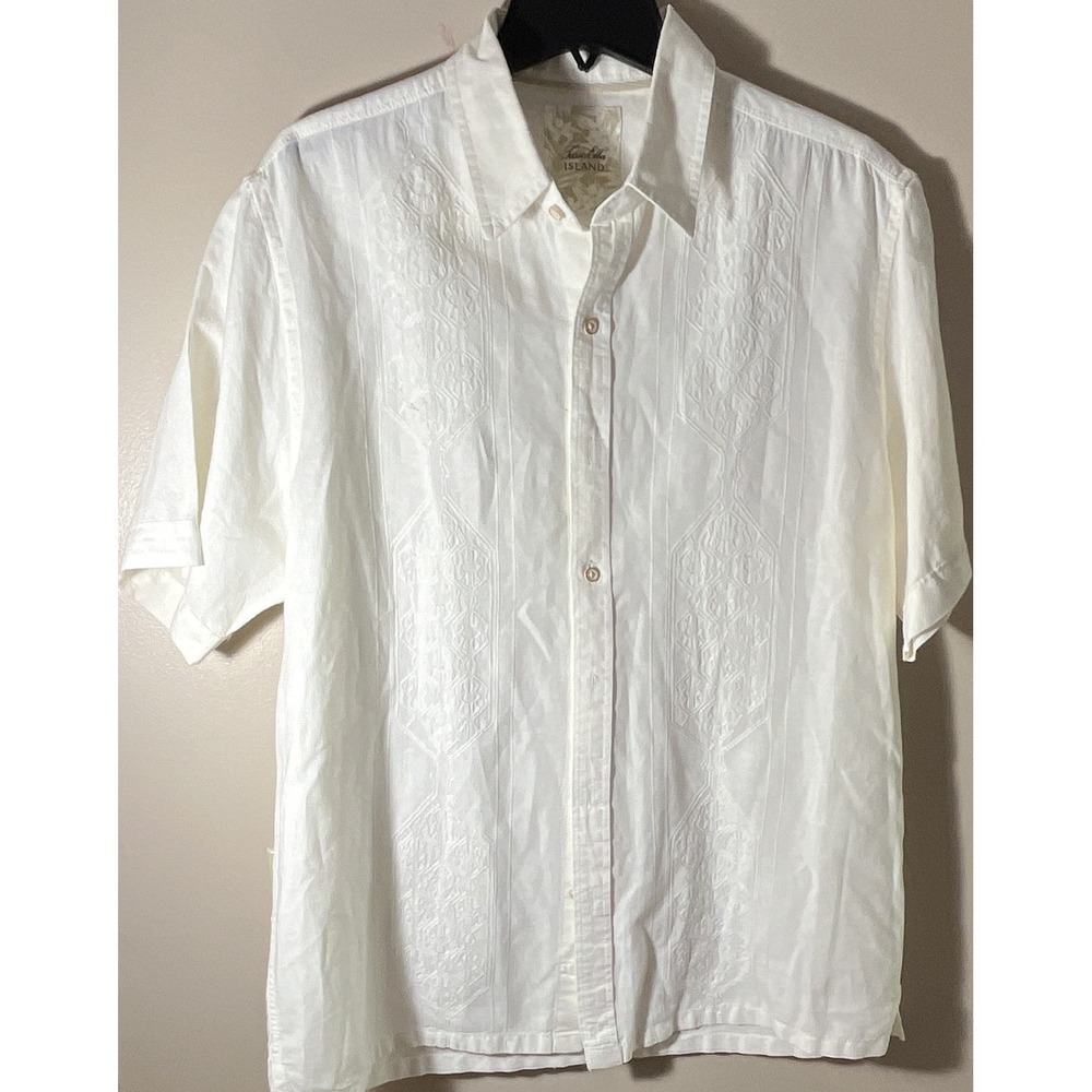 Tasso Elba Island Mens L White Linen Cotton Short Sleeve Point Collar Size L